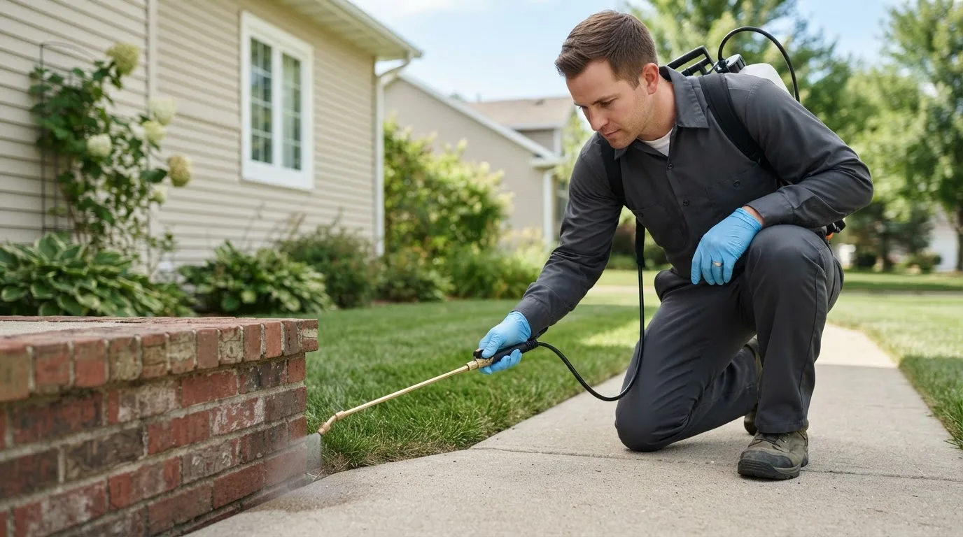 Pest control technician treating a home near Prairie Village, KS