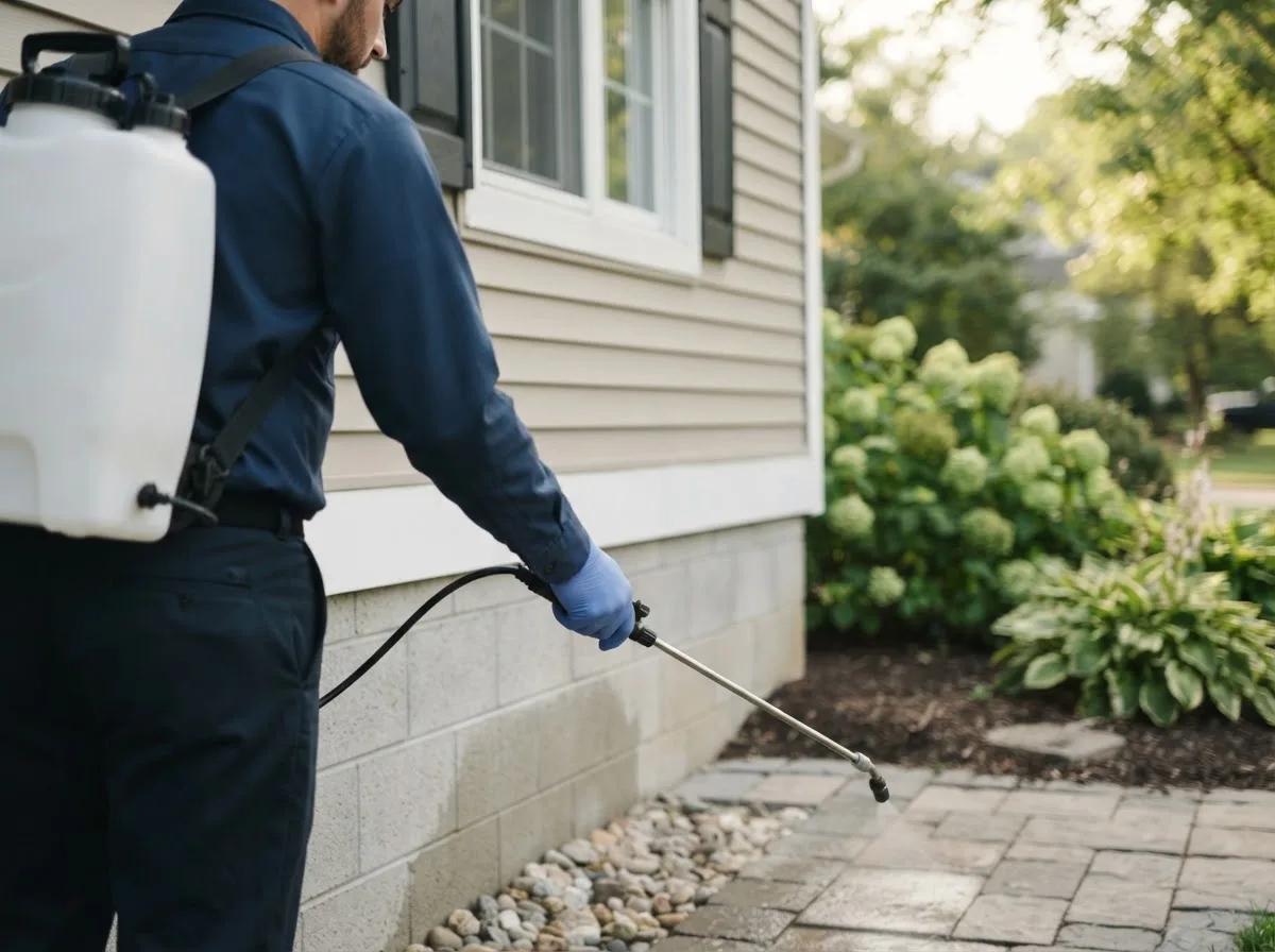 Pest control technician inspecting a home in Prairie Village, KS
